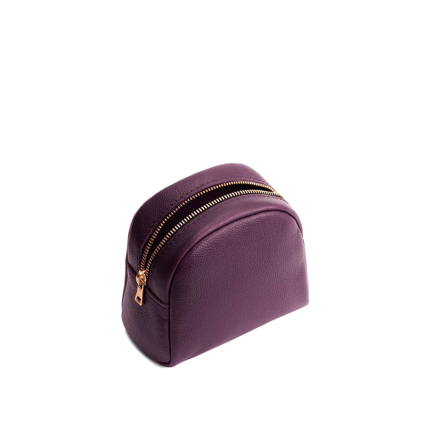 Plum | Curved top leather pouch with zipper opening, flat base, and three metal tree emblems in front
