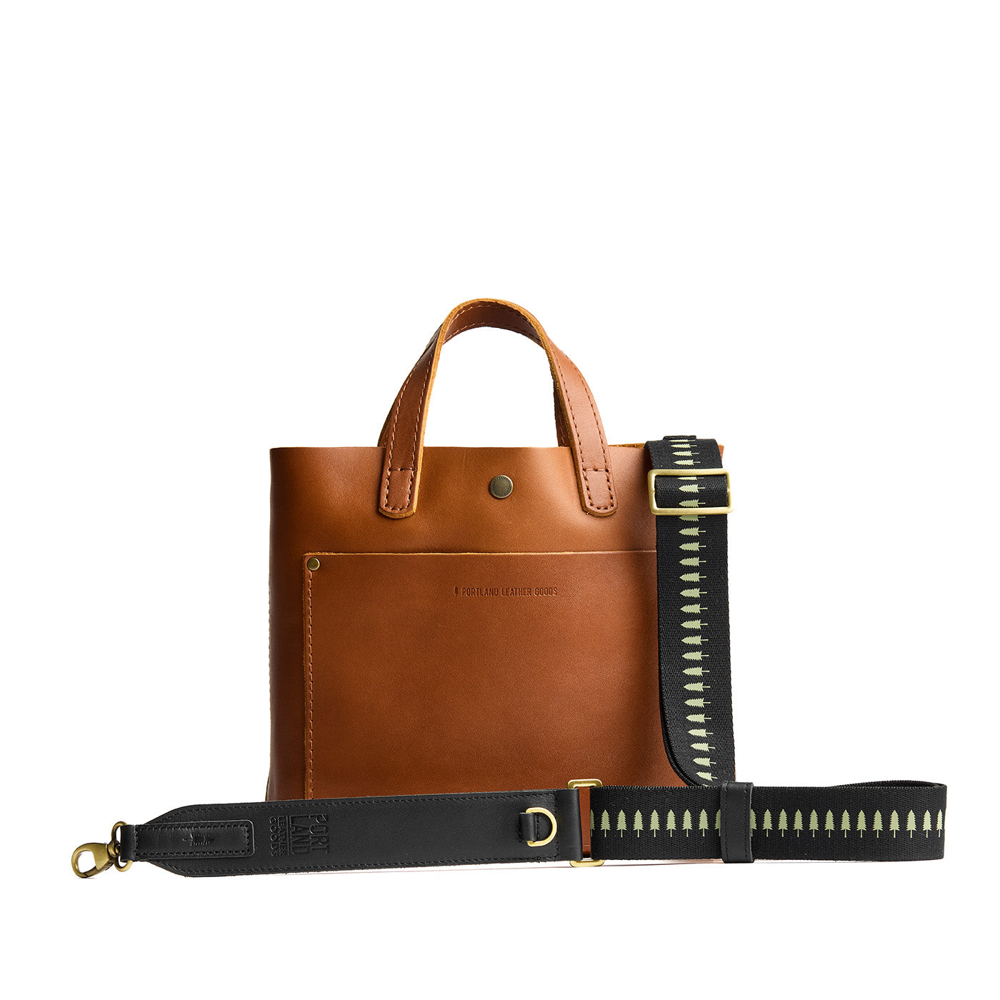 Black | Black strap with repeating tree pattern and brass-toned hardware