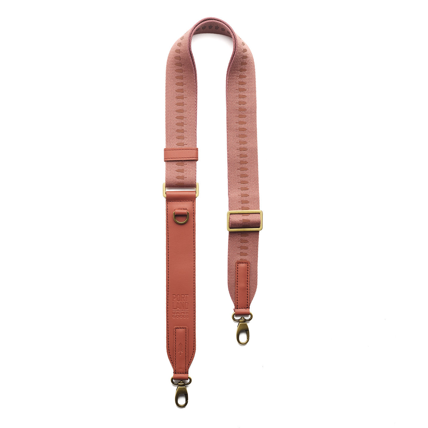 Rosy Haze | Pink strap with repeating tree pattern and brass-toned hardware