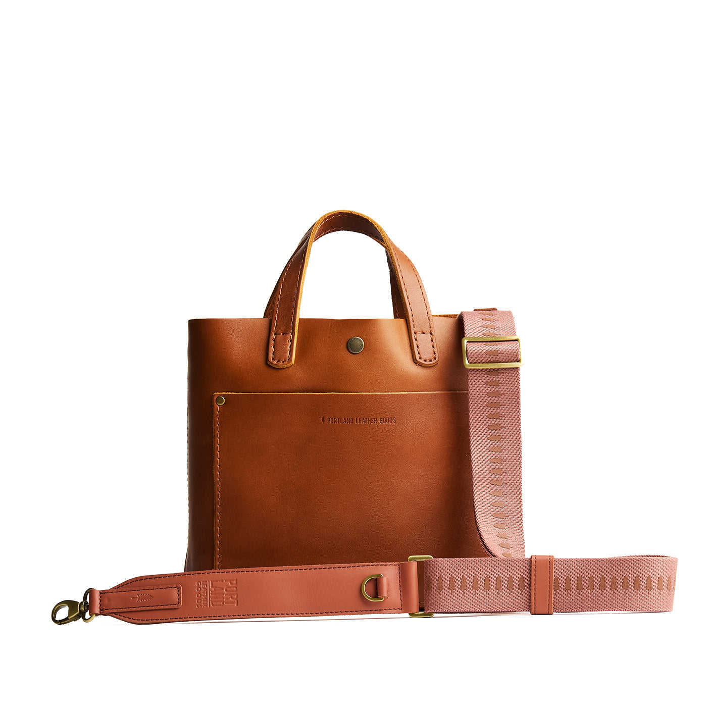 Rosy Haze | Pink strap with repeating tree pattern and brass-toned hardware