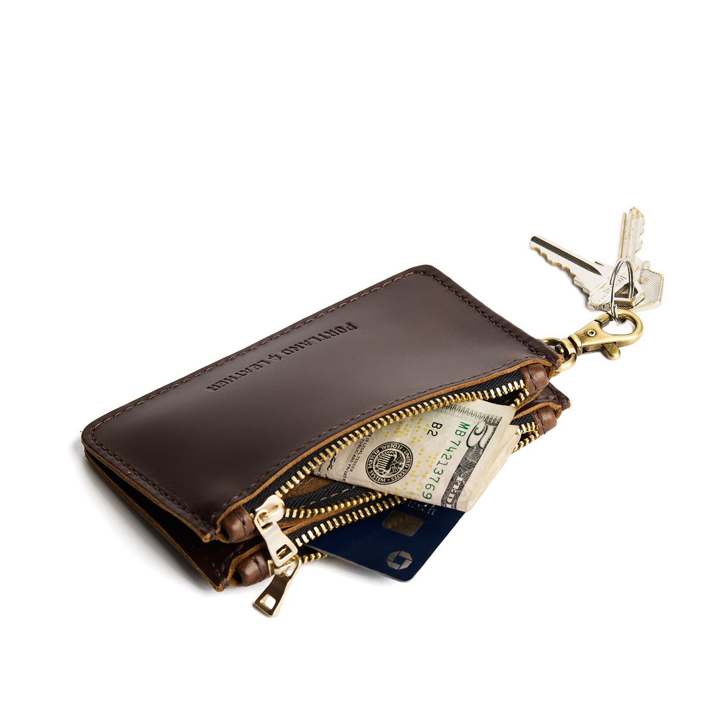 Chocolate Brown | Leather double zip wallet with keychain clasp