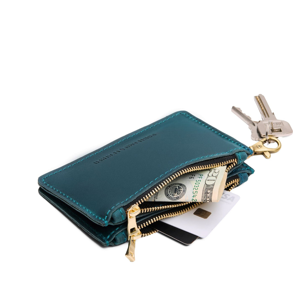Westward Blue | Leather double zip wallet with keychain clasp and zipper, shown with keys and a dollar bill tucked inside, on a clean white background