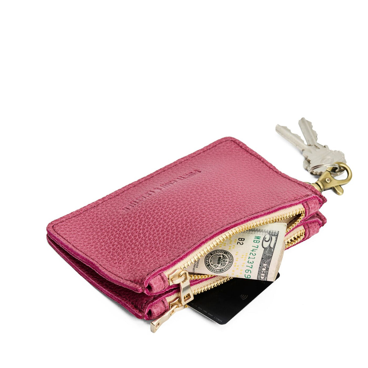 Wild Rose | Leather double zip wallet with keychain clasp and zipper, shown with keys and a dollar bill tucked inside, on a clean white background