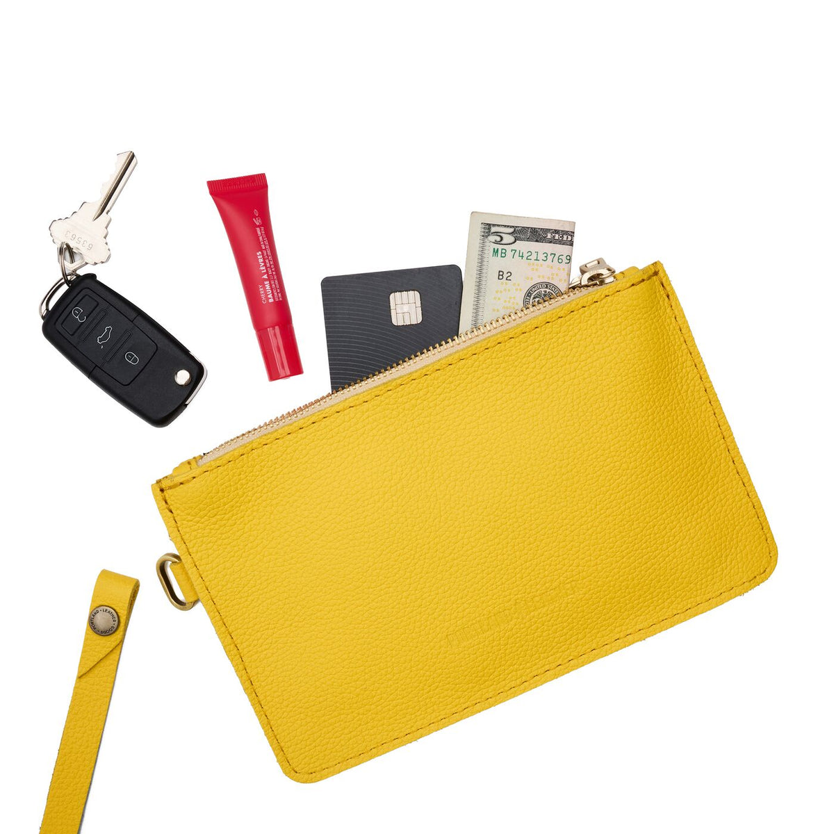 Canary | Leather wristlet with two zippered pockets and removable wrist strap