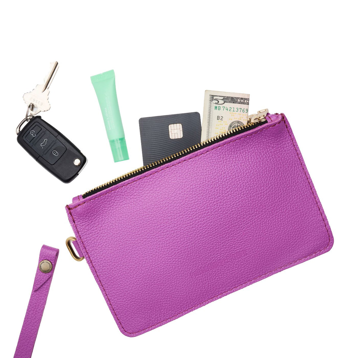 Cattleya | Leather wristlet with two zippered pockets and removable wrist strap