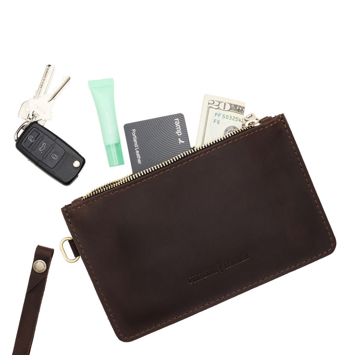 Moose | Leather wristlet with two zippered pockets and removable wrist strap