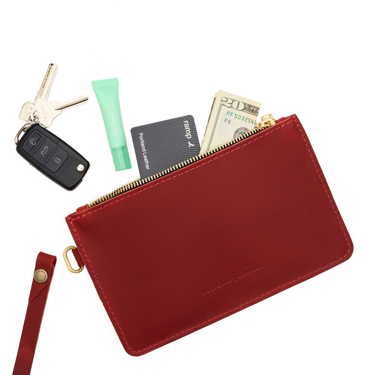 Phoenix | Leather wristlet with two zippered pockets and removable wrist strap