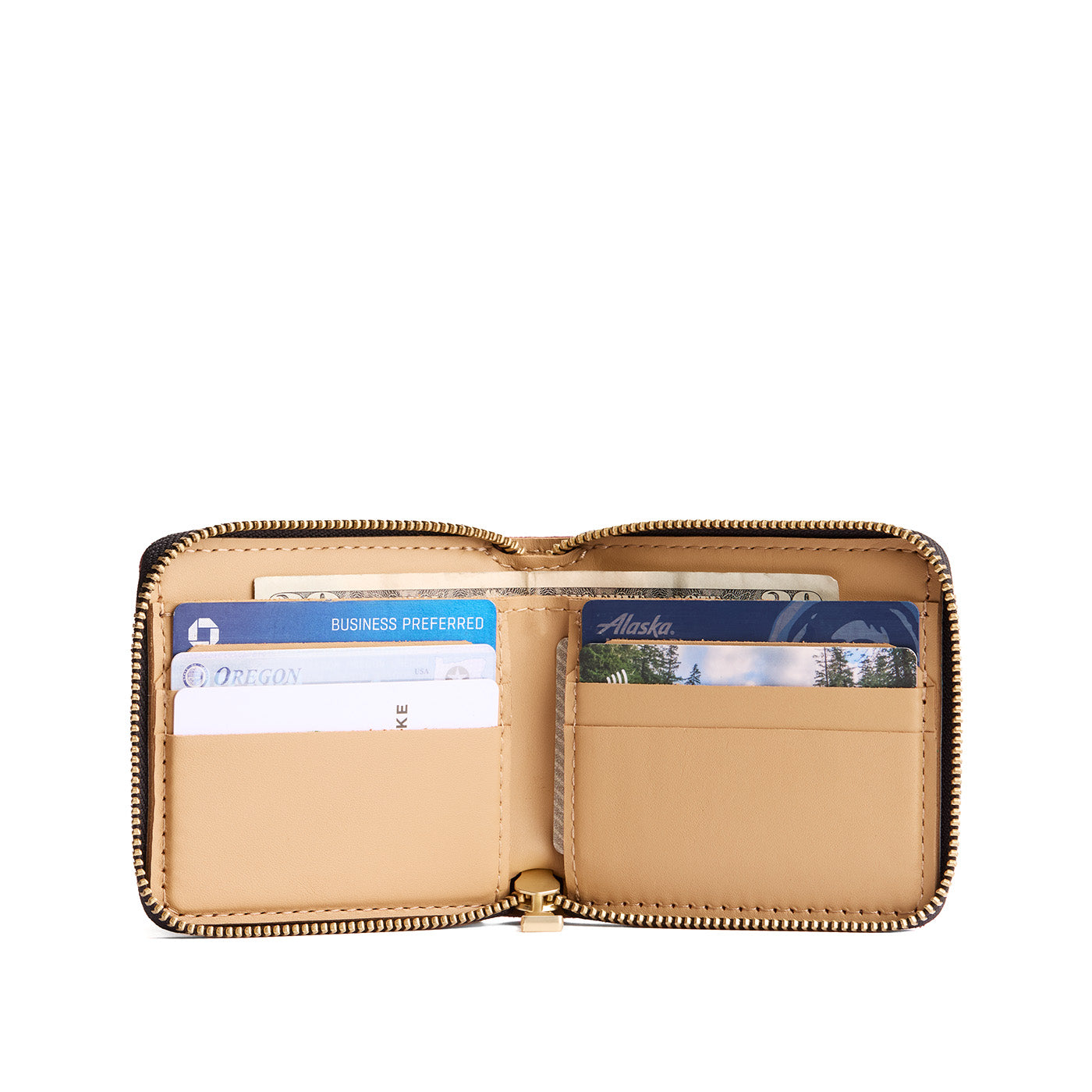 Cobalt | Small leather zippered bifold wallet open