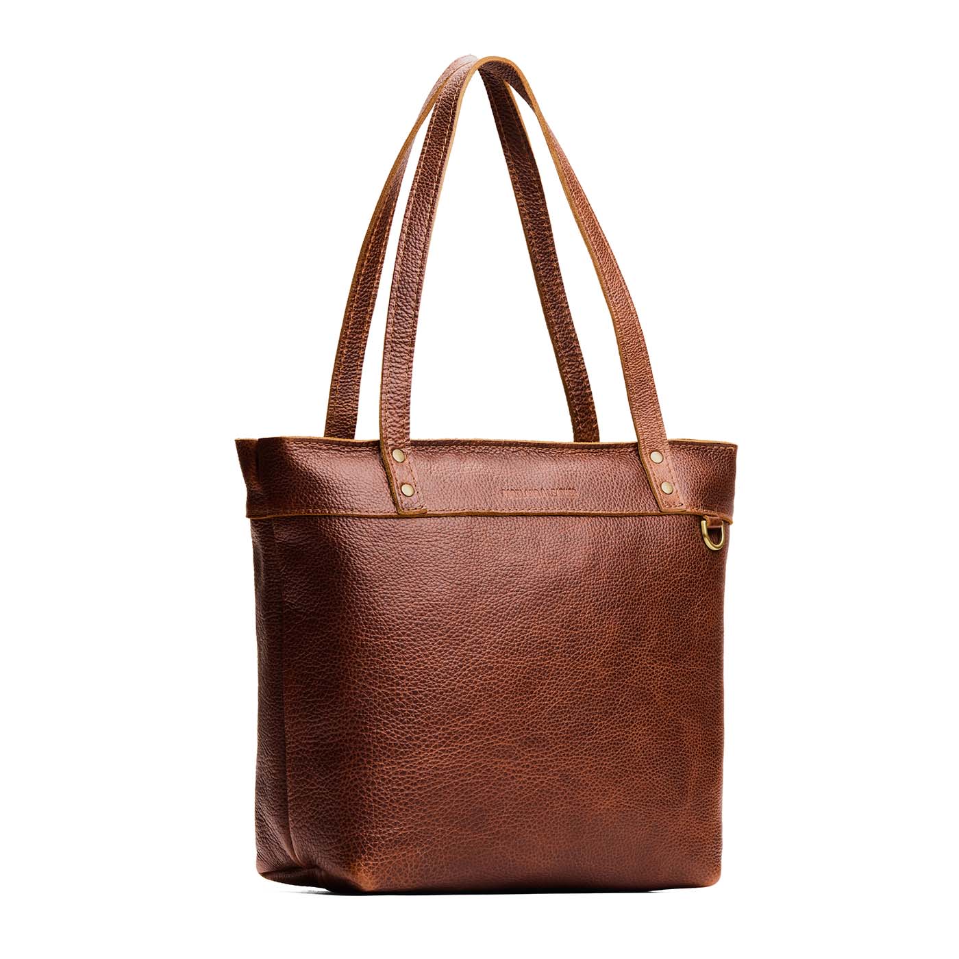 Nutmeg*Medium*Zipper | Model wearing leather tote bag with riveted straps and exterior key loop