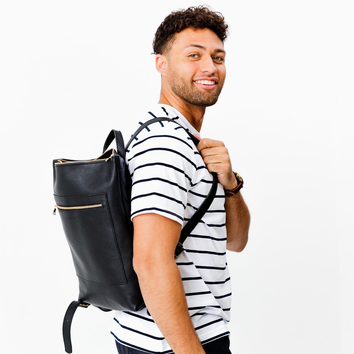 black slim leather backpack Laptop Backpack, Pebbled--black
